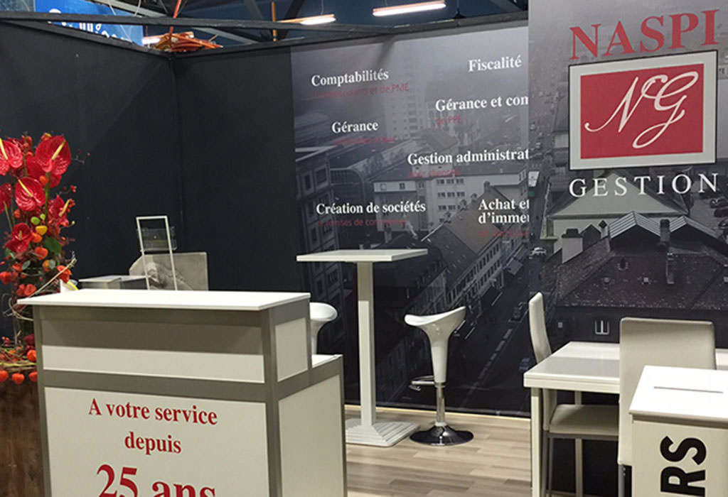 Conception, réalisation, pose et aménagement d'un stand pour Naspi Gestion SA (La Chaux-de-Fonds) au salon Modac